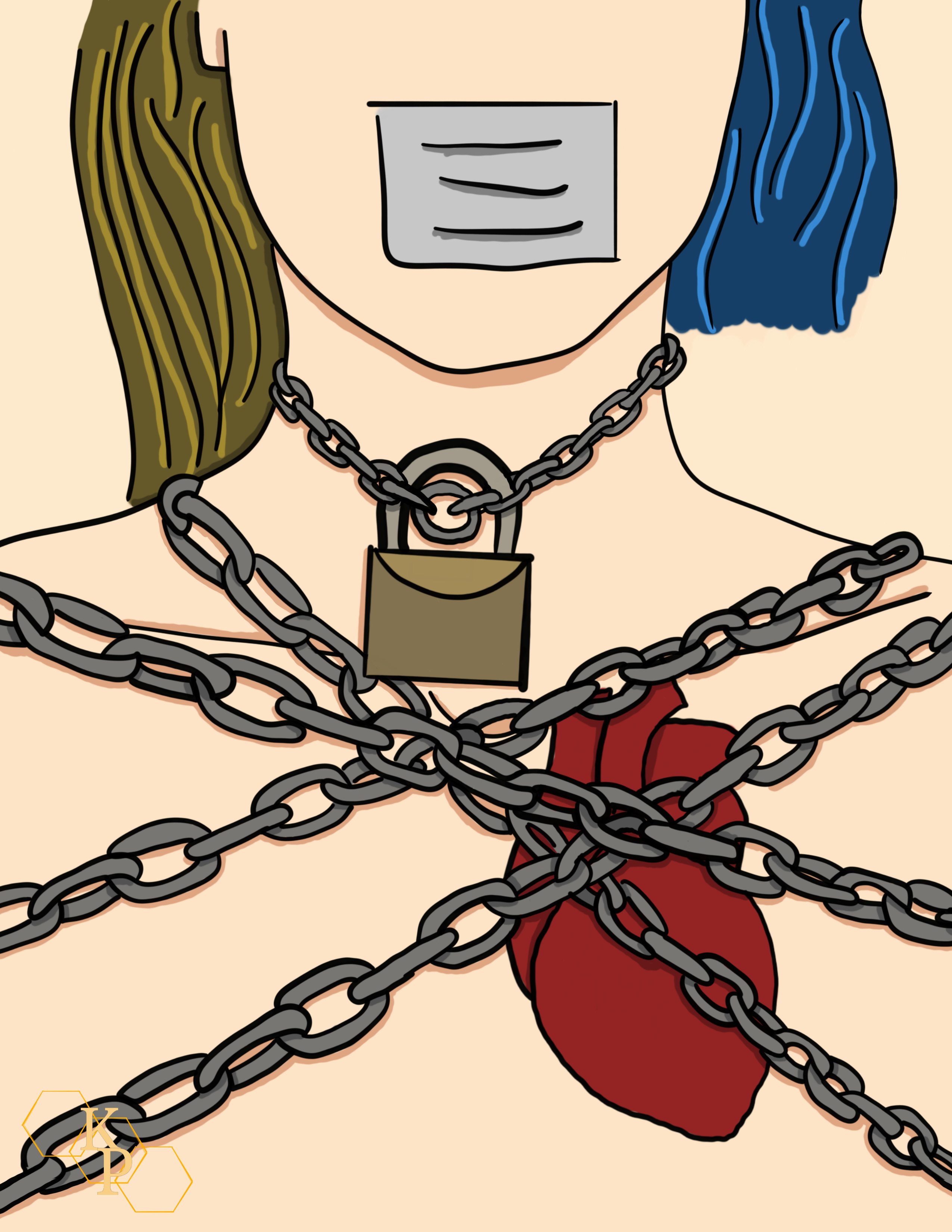 Lower half of head and upper torso of a white person. Hair on left side is past the shoulders and a standard dirty blonde color, on the right side, it is cut to the chin and dyed blue. Over where the mouth would be is duct tape. Chains cross over the torso, entrapping the visible heart, and are locked around the neck much like a choker with a key lock.