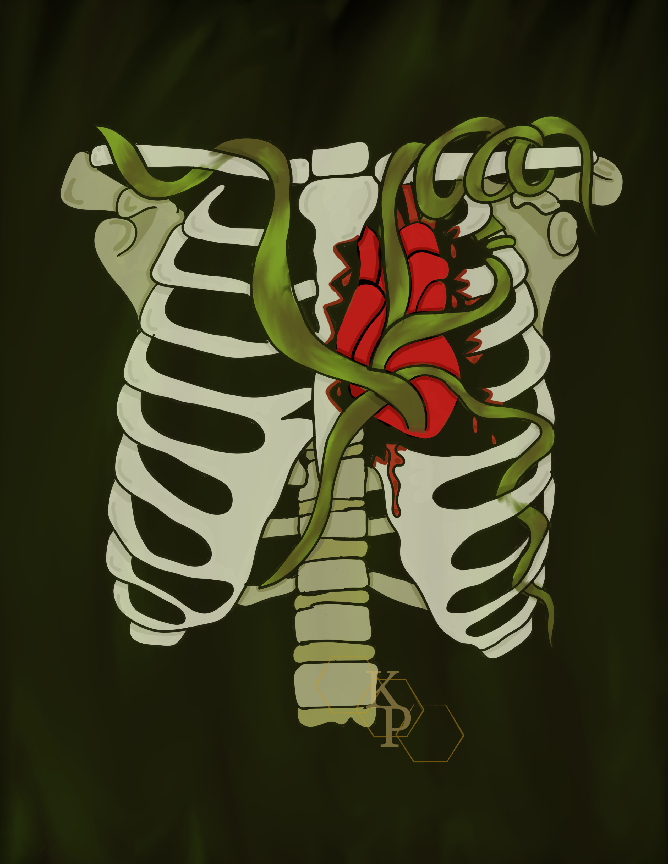 black background with the skeleton of a human chest over it. The bones are aged, as if having been removed from the body for a while. Over the visible heart, the ribs are broken, and green vines grow from it to wrap around and through the ribs.