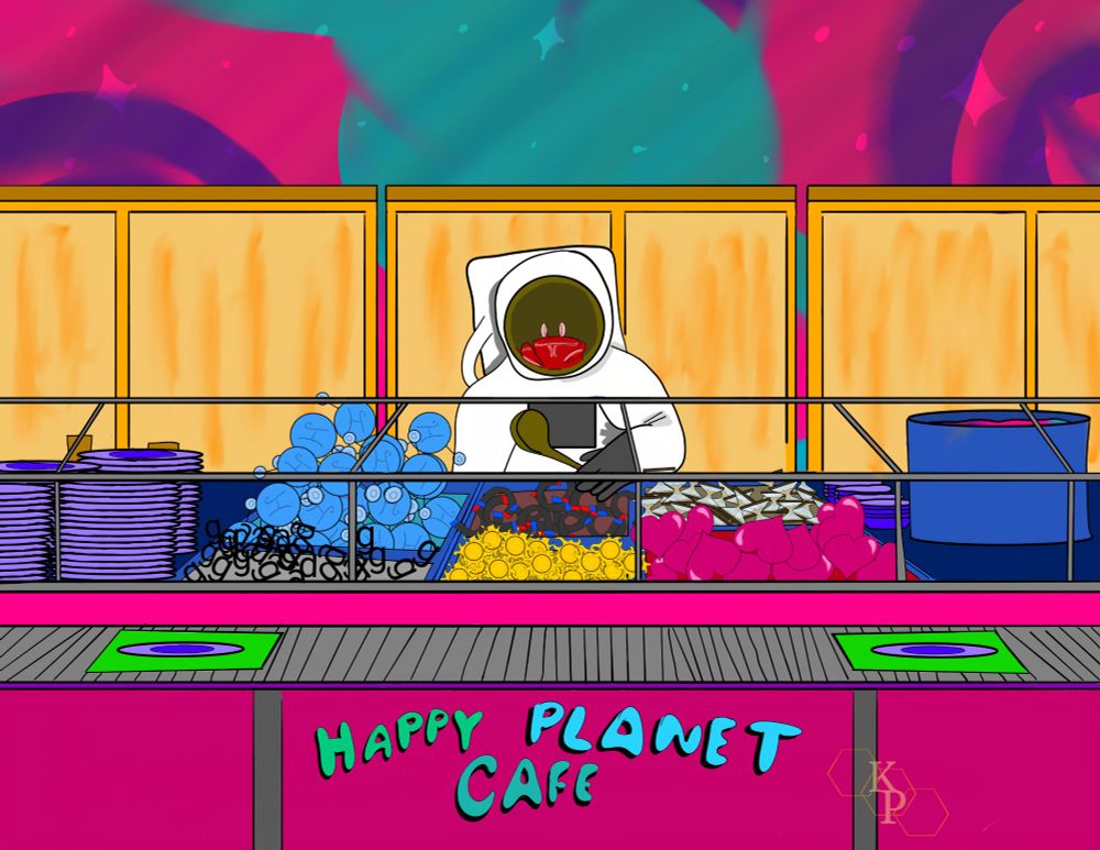 A crab inside an astronaut suit working behind the cafeteria style counter of Happy Planet Cafe. Background in magenta, teals, and purples. Cafe us offering water molecules, the pull of gravity on a planets surface, magnetic fields, suns, time in the form of sand glasses, hearts, and mystic universe soup.