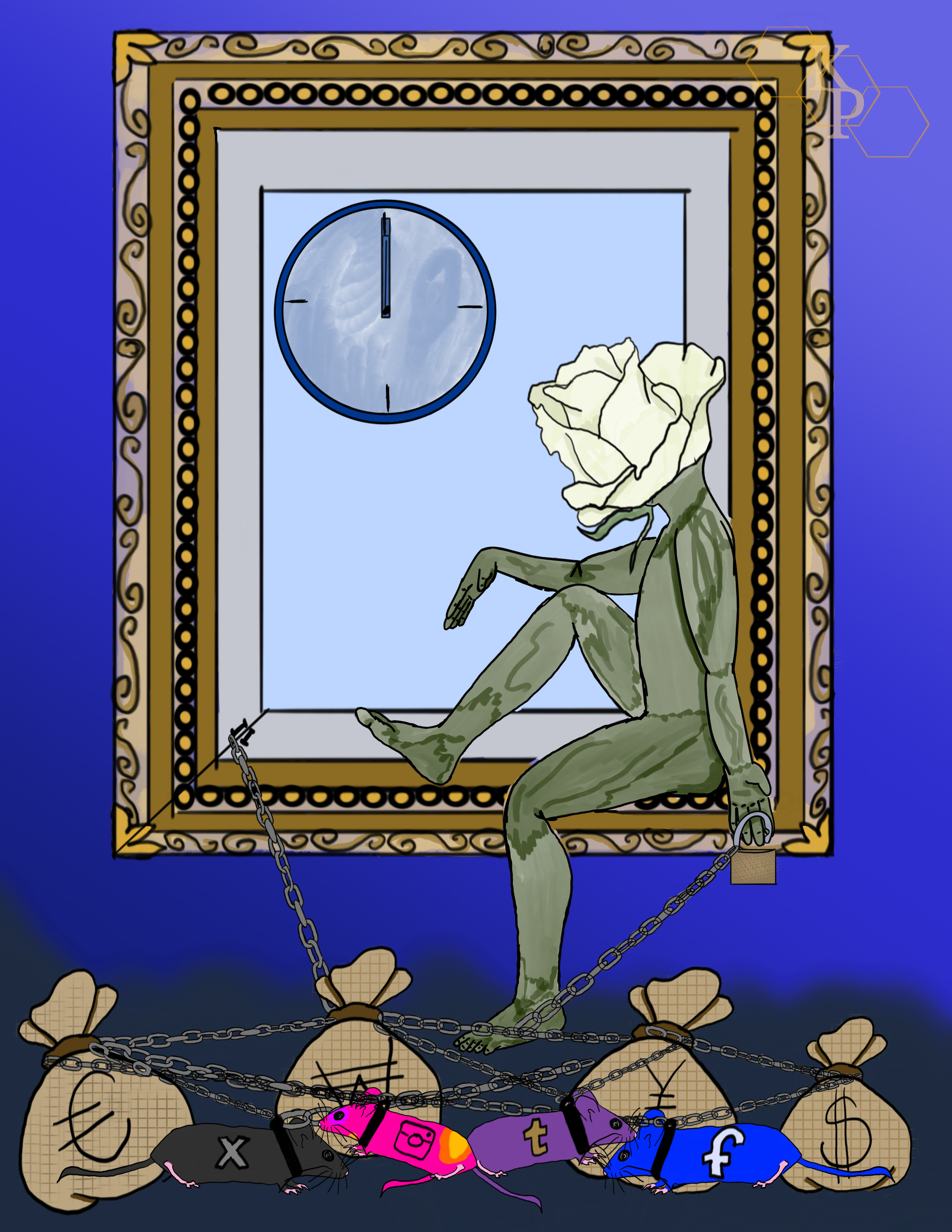 A digital drawing of a still life canvas with a clock pointing to 00:00, a humanoid person sitting on the frame with a white rose head. Chains and a broken lock in hand try to tie them down to the money bags and 4 rats below, each representing a different major social media site